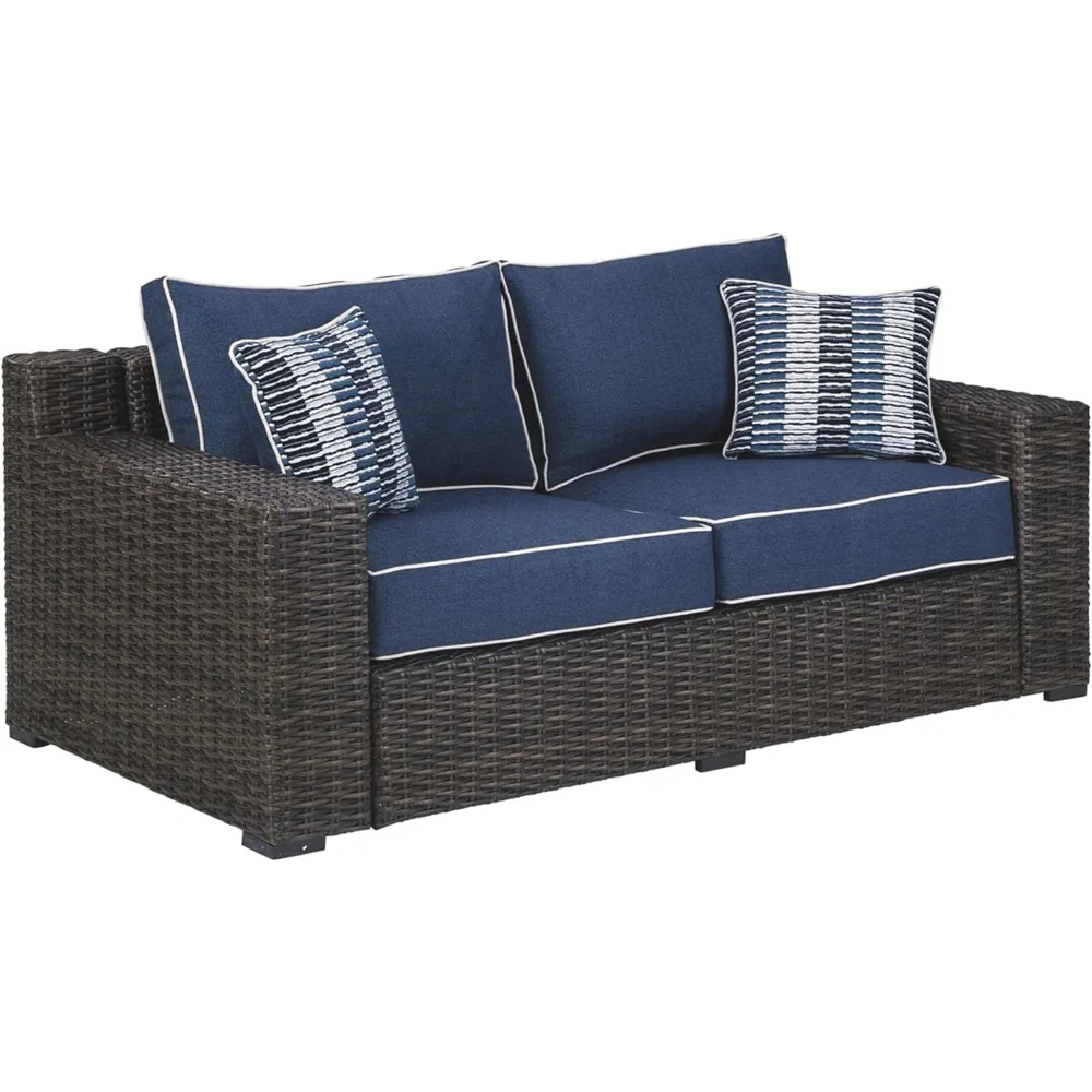 

Grasson Lane Modern Farmhouse Outdoor Patio Loveseat, Brown & Blue