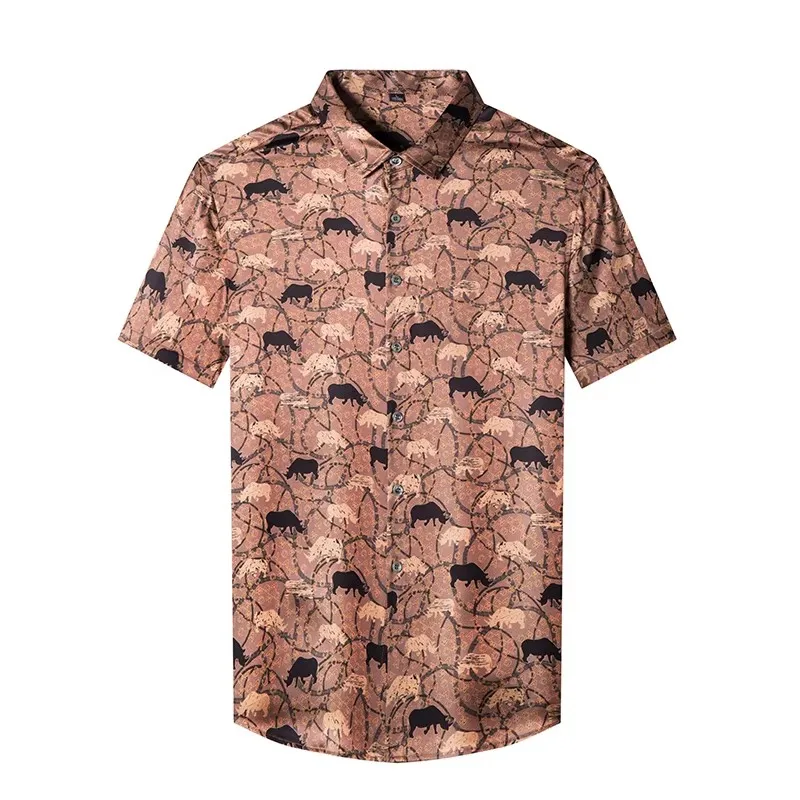 Silk 90%,Elastane 10% Print Shirts For Men Short Sleeve Coolness Summer High-Quality Soft Comfortable Stretchy Camisas De Hombre