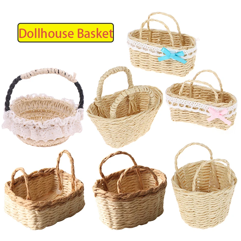 1Pcs Mini 1/12 Cute Dollhouse Rattan Frame Hand-woven Vegetable Food Storage Basket Dolls Miniature Decoration