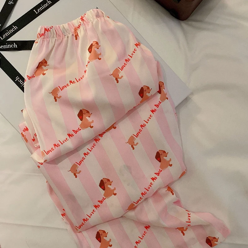 Pink Women\'s Pajamas Set Dachshund Print Silk Like Thin Two Pieces Long Sleeve Full Length Pants Trousers Sleepwear Spring 39920