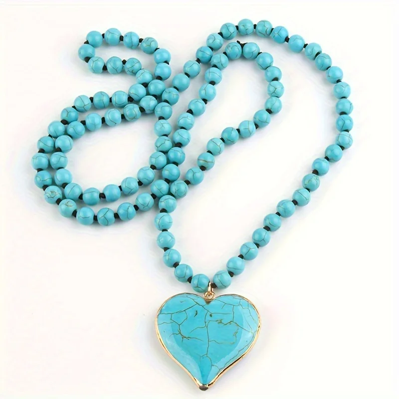 Ethnic style Creative turquoise necklace Women\'s heart pendant Vintage turquoise long necklace sweater chain