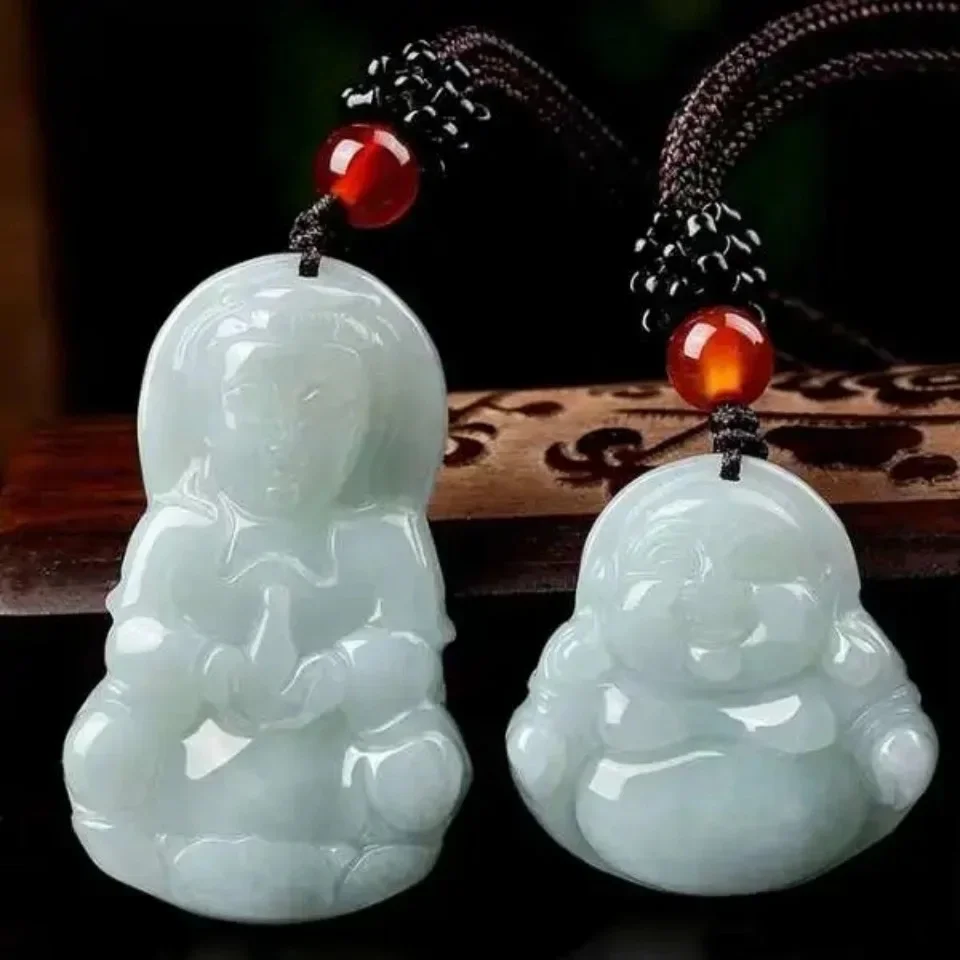 

Natural Emerald Guanyin Buddha Pendant Necklace Charm Jewellery Fashion Hand-Carved Man Woman Luck Gifts Amulet New