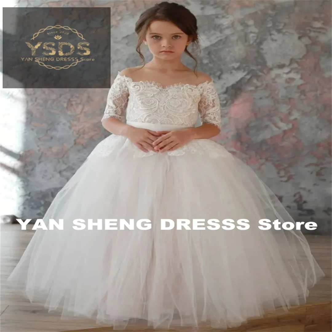 

Customized Flower Girl Dress White Tulle Lace Appliques Top With Big Bow Half Sleeve For Wedding Birthday Banquet First Communio