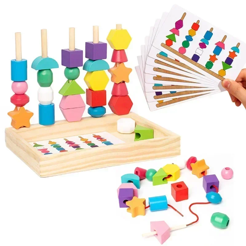 Montessori Wooden Toys Color Shape Matching Puzzle Game Colorful Beaded Color Cognition Early Educational Toys Gift for Children