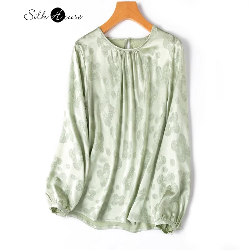 Simple and Elegant Soft Relief Feeling 22MM 93% Natural Mulberry Silk Elastic GuanLe Satin Lantern Sleeve Women's Green T-shirt