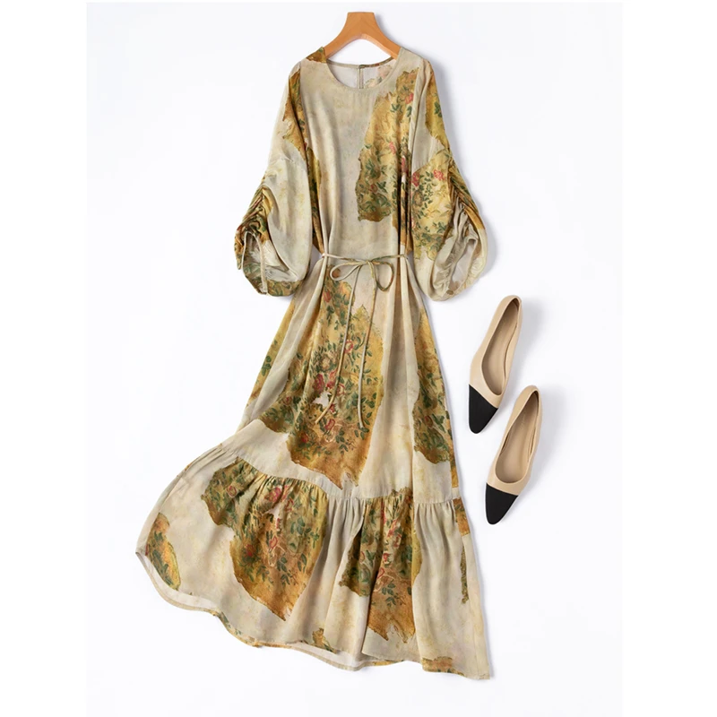 

Chinese Style 2025 New Summer Women Loose Fit Casual Good Quality O-neck A-line Dress Print Short Sleeve Mid-calf Dresses T117