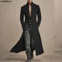 INCERUN, gabardina de estilo largo para hombre, Color sólido, cuello levantado, abrigos de manga larga para hombre, ropa de calle, cazadora informal de moda con botones sueltos