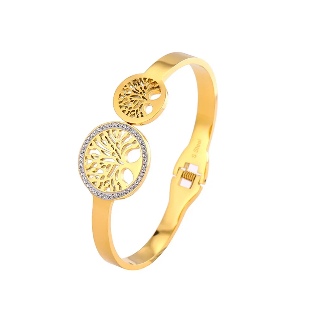 Luxo Árvore da Vida Braceletes Abertos Cuff, Aço Inoxidável, Banhado A Ouro, Pulseira Fivela Primavera, Não-Desvanecimento Jóias, Acessórios de Pulso