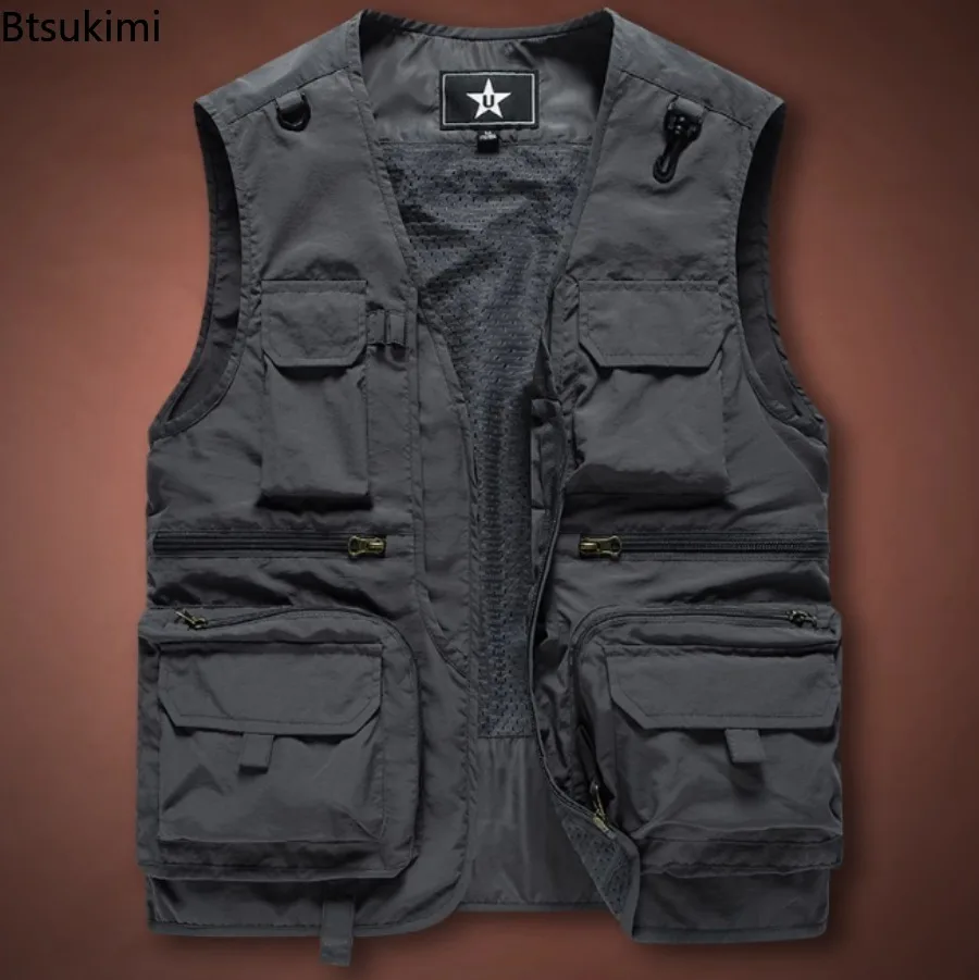 2025 New Men's Vest Tactical Webbed Gear Coat Summer Photographer Waistcoat Tool Many Pocket Mesh Work Sleeveless Jacket Male