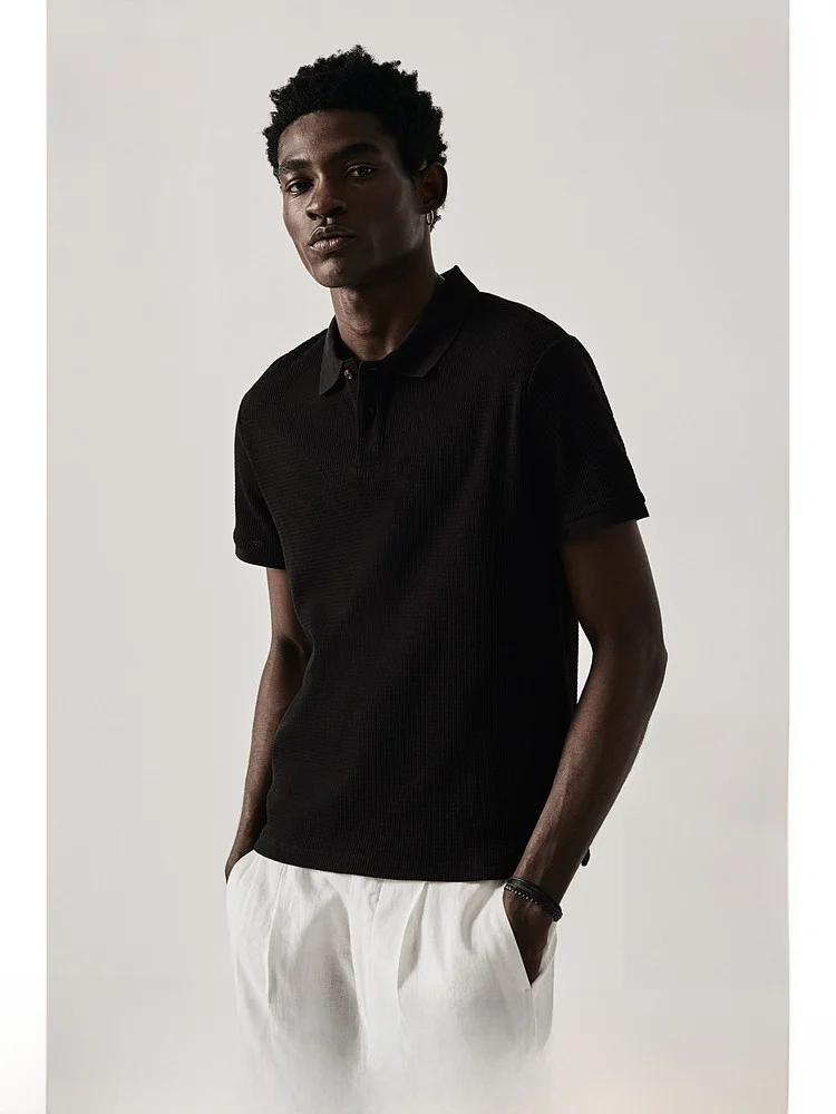 

H&M Men's irt Stand Fit ort Sve Commute Wfle Pattern Spring Faion Casual Cotton Polyester Blend Top