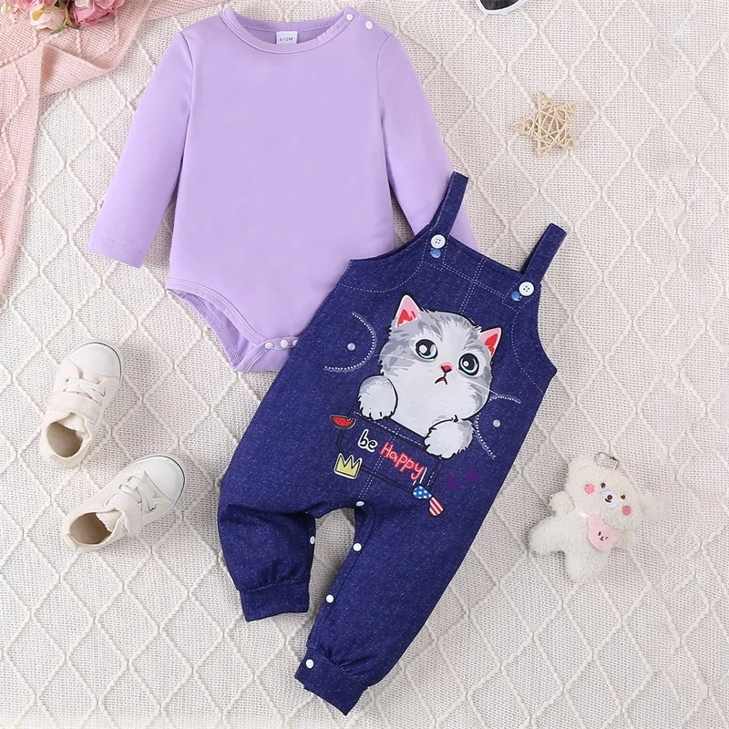 Toddler Baby Girl Outfit Round Collar Long Sleeve Romper with Cat Print Overall Pants Spring Fall Clothing Set