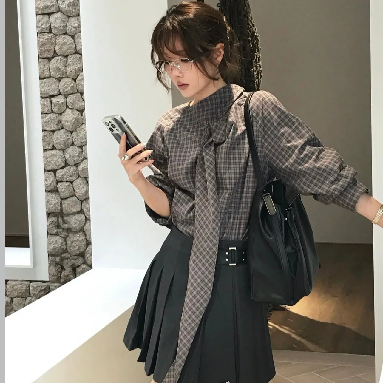 

Chic Early Spring Women's irt Vintage Plaid Sa Versatile Base Layer Design Sense Blouse Skin-friendly Breathable Korean S...