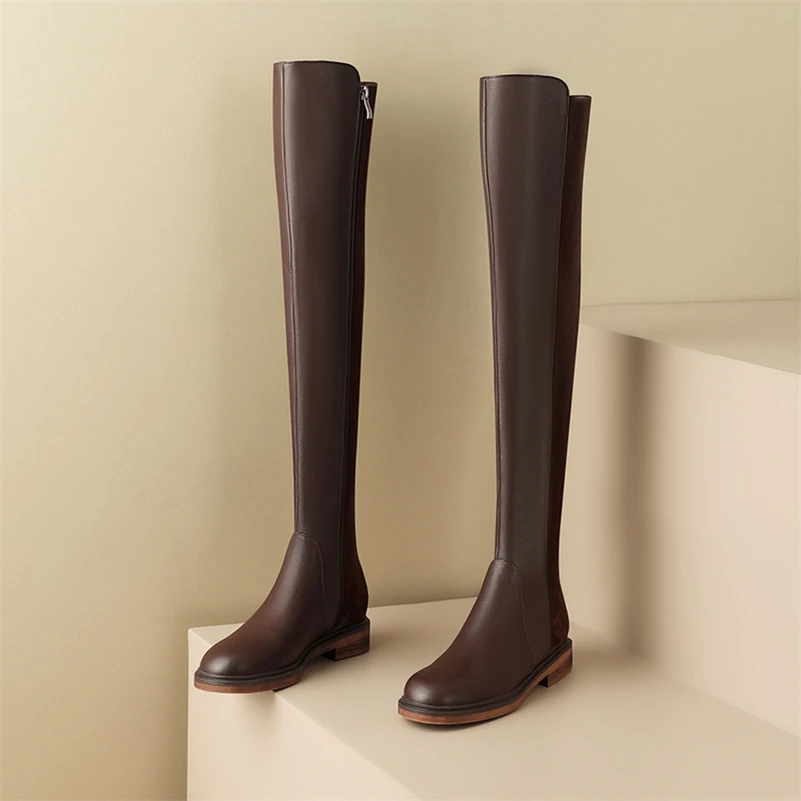 Meotina Women Genuine Leather Thigh High Boots Round Toe Flat Zipper Ladies Fashion Over-the-Knee Long Boot Autumn Winter Shoes