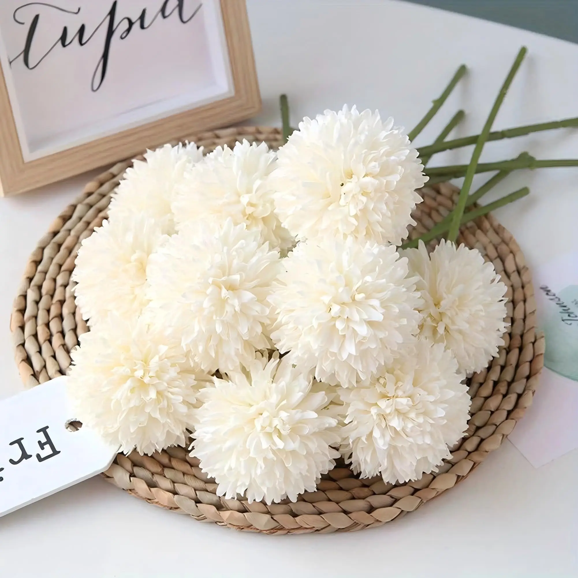 10 Stück weiße künstliche Blumen, Seidenkugel, Chrysanthemen, Brautstrauß, Zuhause, Küche, Party, DIY-Dekorationen, Hochzeitsdekoration – Detail 2