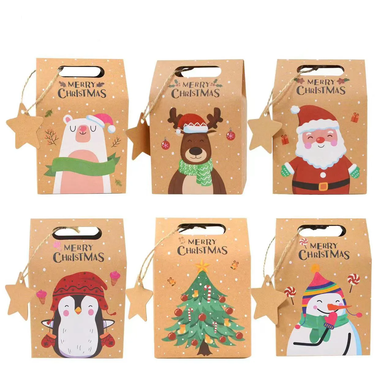 6pcs Christmas Kraft Paper Gift Box Santa Claus Candy Cookie Treat Box Packaging Bag 2024 Natal Xmas Party Decoration for Home