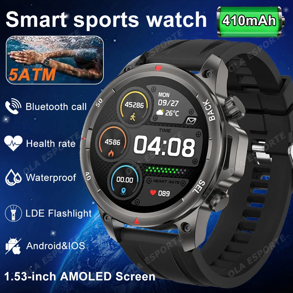 

Мужские умные спортивные часы с GPS-позиционированием HD AMOLED-экран, Bluetooth-вызов, уличный фонарик, водонепроницаемые умные часы с пульсометром и сна