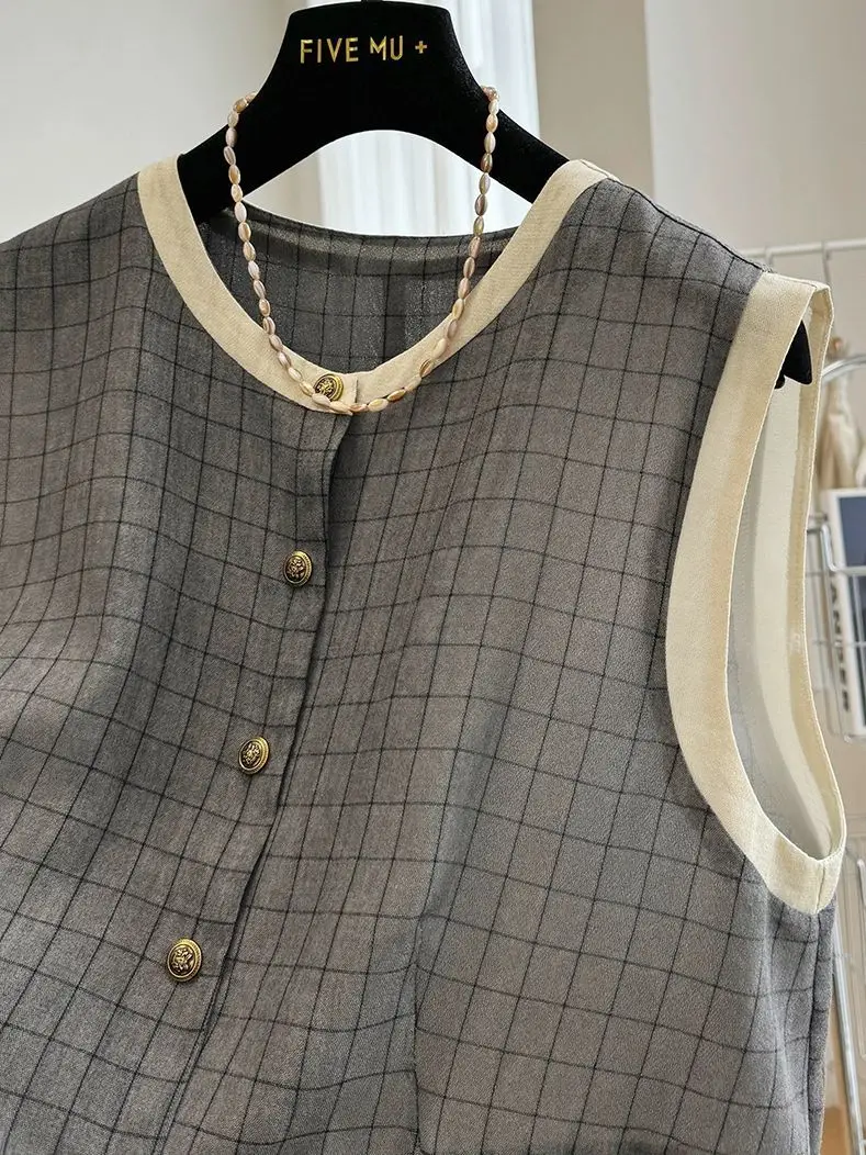 여성 여름 스타일 반팔 탑을 위한 우아한 격자 무늬 겉옷 조끼