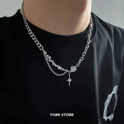 Hip Hop Cross Star Necklace For Men Women Titanium Steel Crystal Ball Sweater Chain Unisex Jewelry Trendy Street Accessories