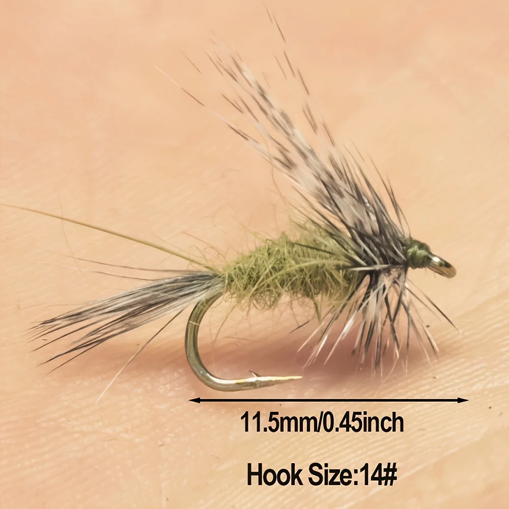 5/8 Stück Adams Trockenfliegen zum Fliegenfischen, Größe 14, Künstlicher Insektenköder, Weiß & Olivgrün, Beste Fliegen für Forellenfischen im Süßwasser – Detail 3