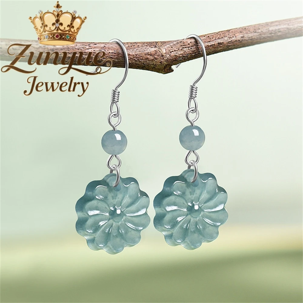 

Natural A Grade Blue Water Ice Jadeite Sunflower Earrings S925 Silver Dangle Drop Earrings Vintage Style Ear Jewelry for Women