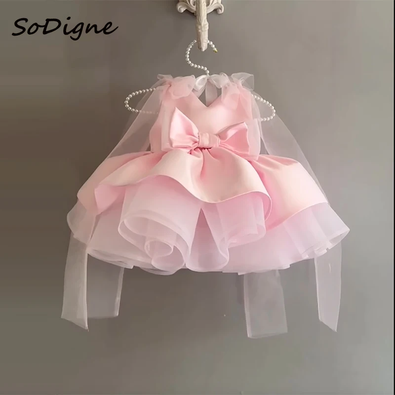 

SoDigne A-line Satin/Tulle Mini Flower Girl Dress V-neck Sleeveless Princess Kid Gown 2025 Birthday Party Dresses Customized ﻿