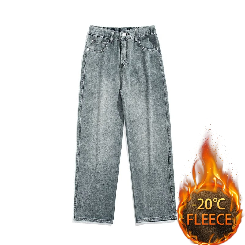 새로운 겨울 스타일 플리스와 두꺼운 아메리칸 하이 스트리트 남성용 청바지, 젊음의 활력을 발산하는 루즈핏 스트레이트 팬츠