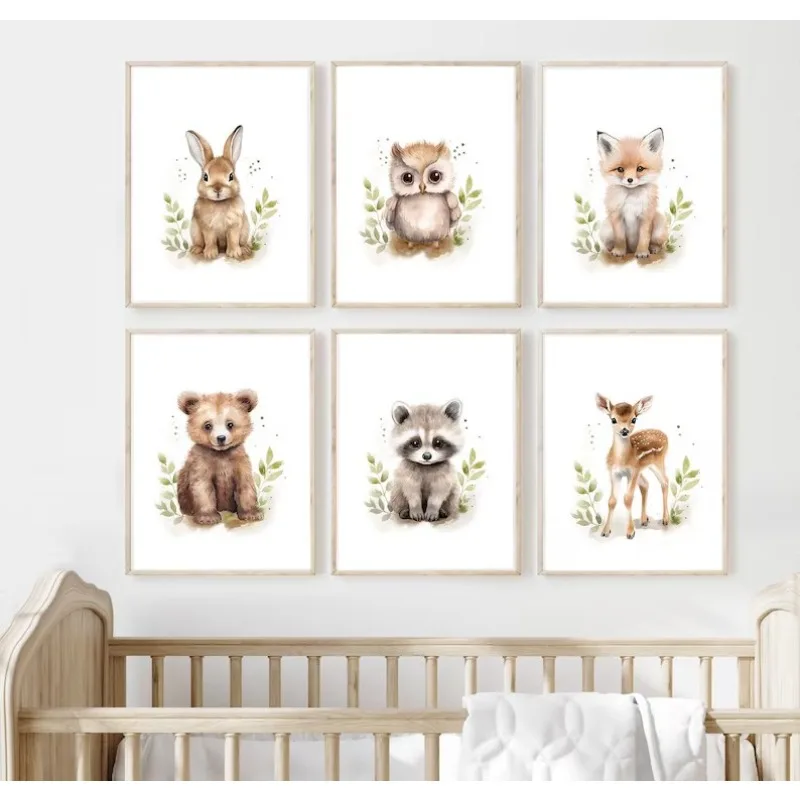 (2D Canvas Painting)  Watercolour Kawaii Woodland Baby Animals Bear Rabbit Raccoon Poster Canvas Painting Wall Art Pictures H