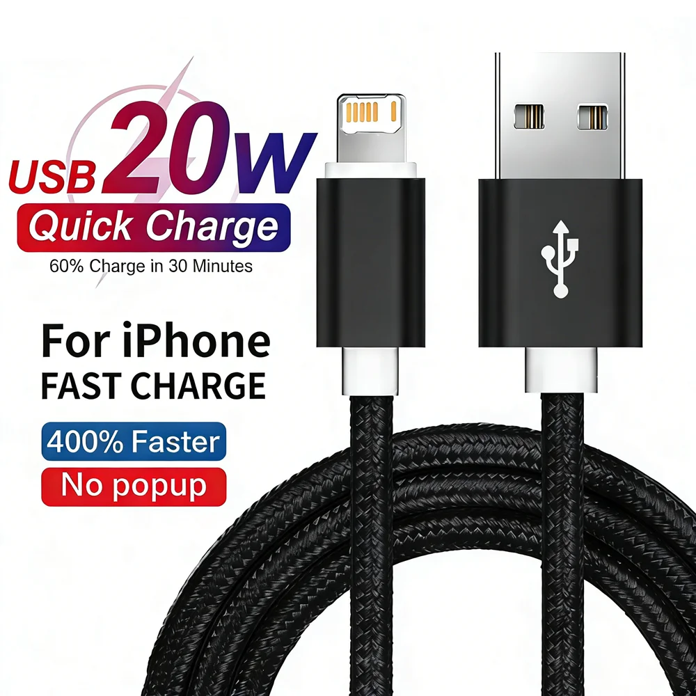 USB 20W Fast Charging Weaving Cable For iPhone X XR XS Max 11 12 13 14 Pro Max 6S 7 8 14 Plus Nylon Braided Quick Charge Cables