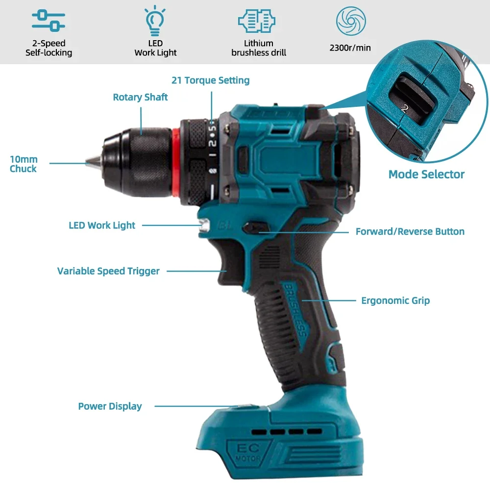 223N.m Brushless Electric Drill 2-Speed Self-locking Screwdriver Torque Cordless Electric Screw Driver for Makita Battery