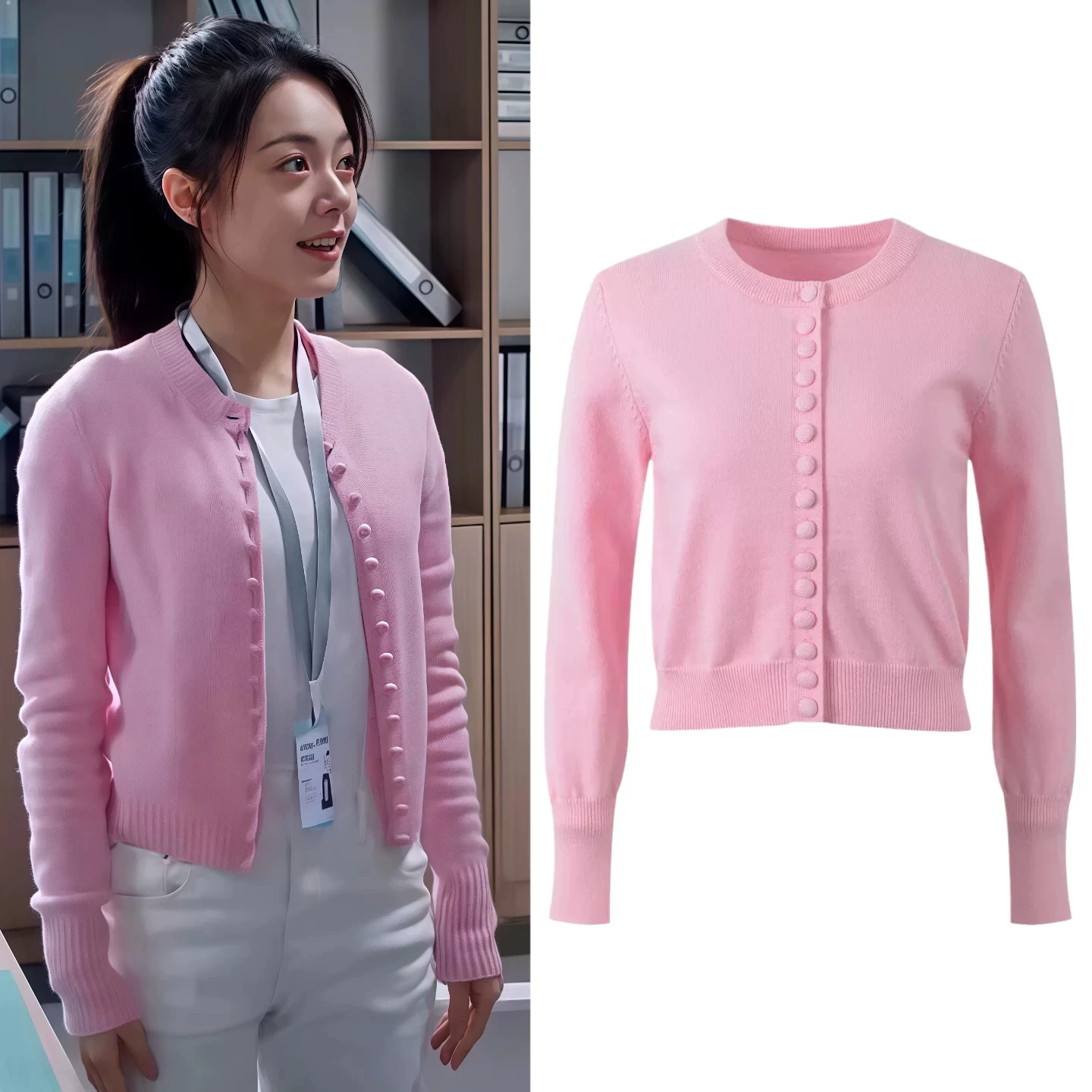 Übergroßer Runder Ne ort Gestrickter Offener Cardigan Modischer Herbst-Winter-Pullover für Damen Rosa Knopfdetail Luxuriöser Stil