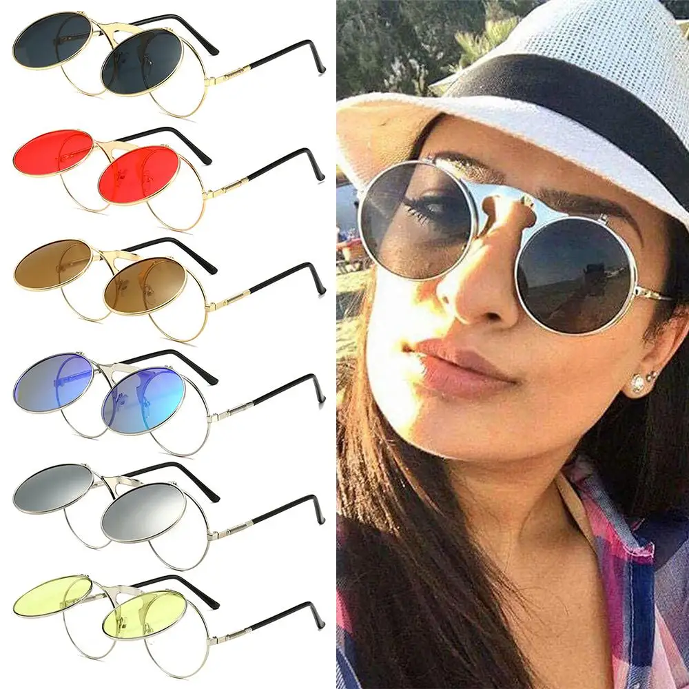 Round Flip Up Sunglasses Trendy UV400 Protection Circle Steampunk Sun Glasses Costume Glasses for Women & Men