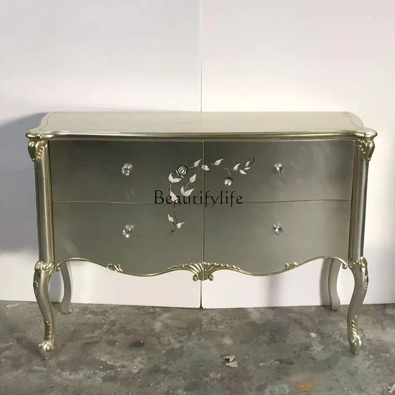 

01 yj19 European-style entrance cabinet French side cabinet Luxury solid wood carving flower locker