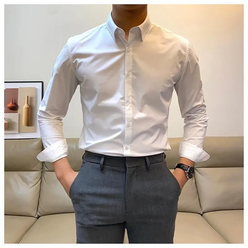 Smart Casual Commute Office Formal Handsome SlimSolid Color Classic Tall and Straight Sven Men's Long Sleeved Shirt Spring 2024