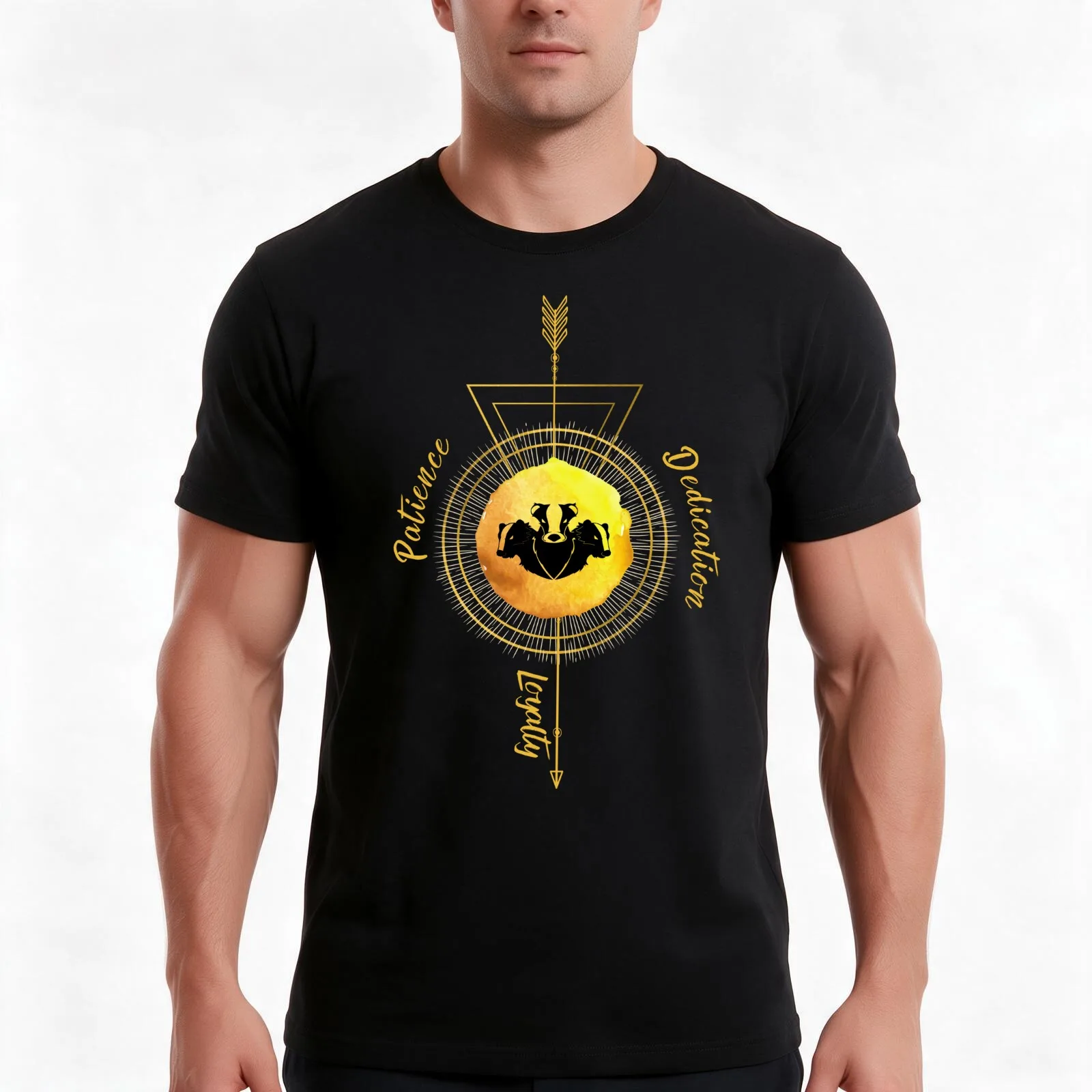 Yellow and Black Badger Patience, Loyalty, Dedication 2 T-Shirt, Summer Casual Cotton Tee, Oversized Streetwear Tops