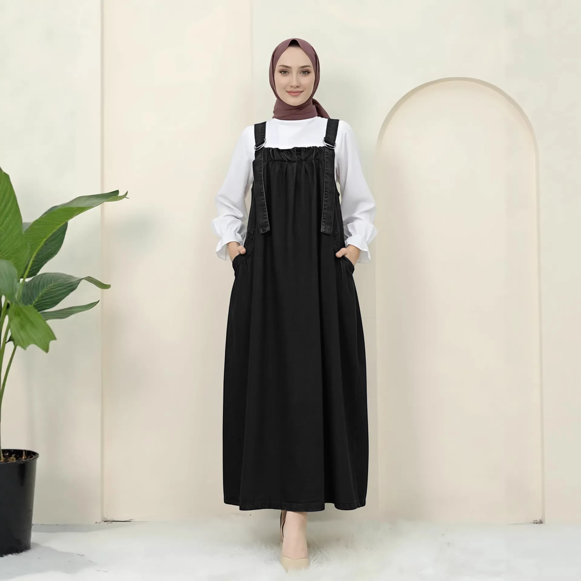 Abito generale senza maniche in denim per donna Musulmano con cinturino per spaghetti Abaya Dubai Caftano Abito islamico Allentato Turchia Abbigliamento casual