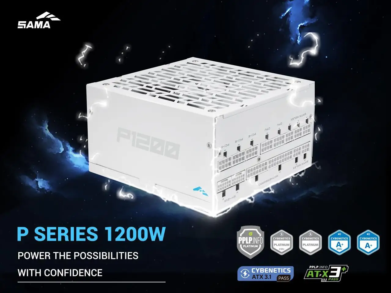 SAMA P1200W ATX 3.1 Power Supply, 1200W, Cybenetics  Platinum Standards, PCIE 5.1 Ready, Full Modular, 1200W Gaming PSU, Premium Japanese Capacitor, FDB Fan, White version