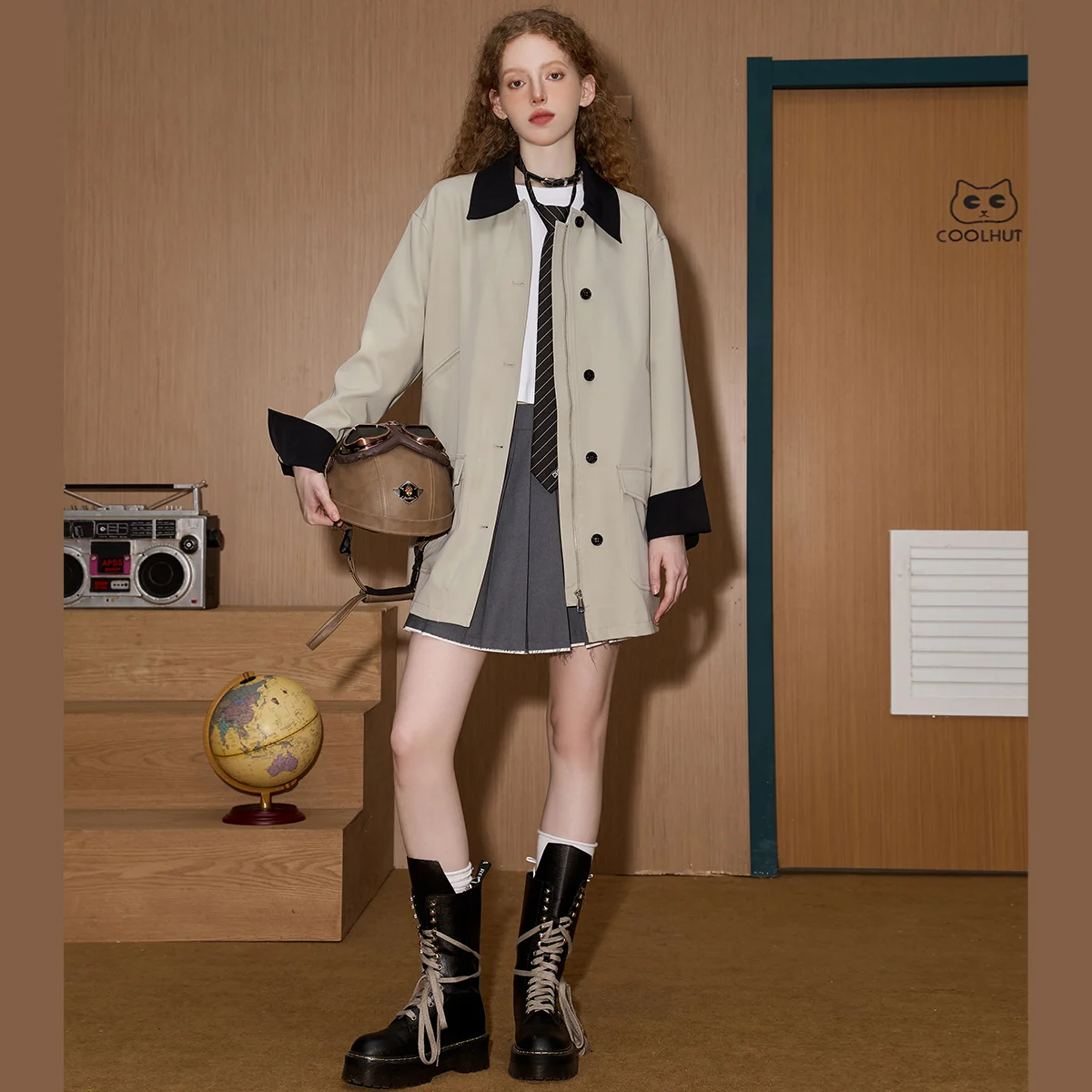 2025 الخريف المرأة معطف الحظيرة سترة اللون كتلة التلبيب خندق فائدة جيب سترة خمر منتصف طول نمط ملابس العمل غير رسمية #4