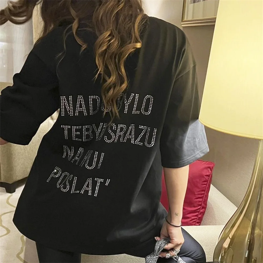 Streetwear Hip-hop Oversized Diamonds Letter T Shirts Woman Clothing 2024 New Fishion Loose Short Sleeve O-neck Tops Tees Female