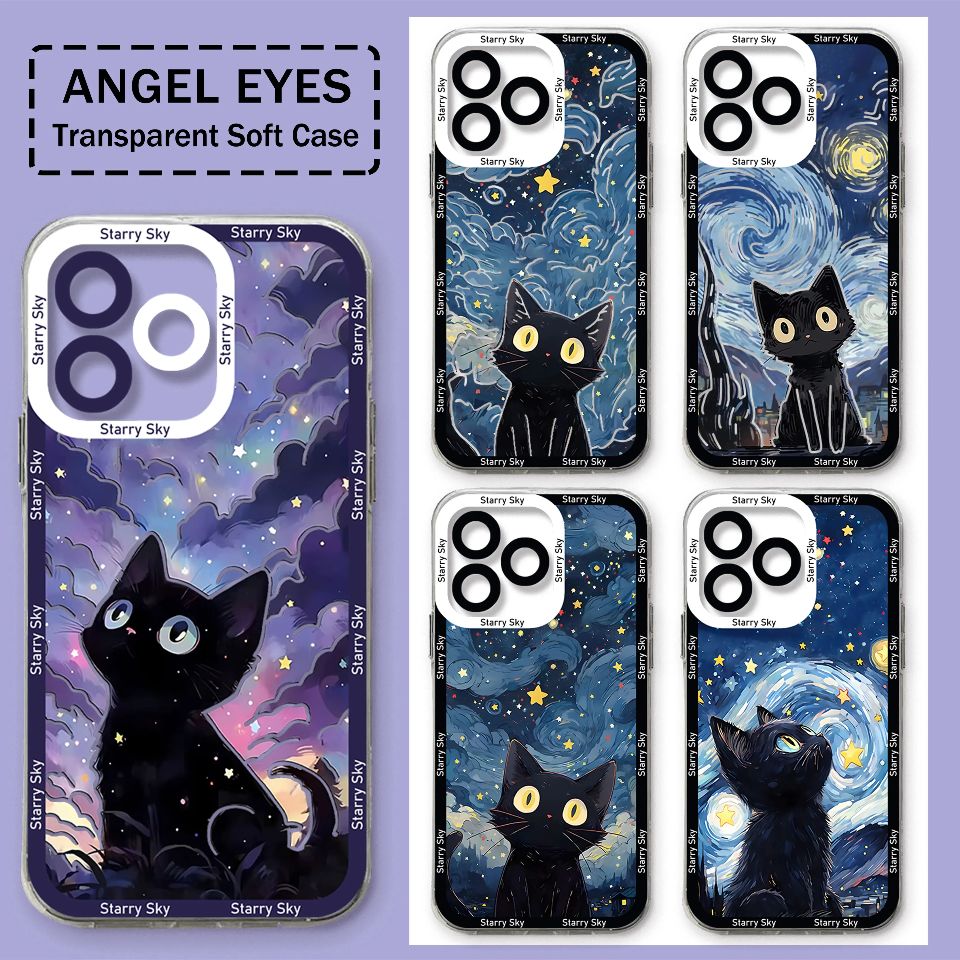 Starry Sky Black Cat Phone Case for OPPO A3 A60 A57 A38 A79 A58 A98 A5 F9 F11 A94 A92 A76 A74 A73 A54 A53 A31 A15 2020 Pro 5G