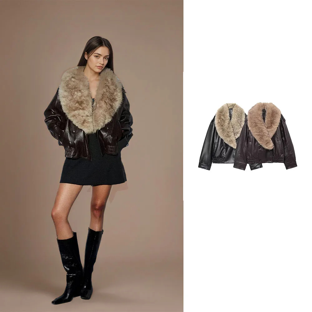 

Зимняя новая женская модная куртка со съемным воротником из искусственной кожи