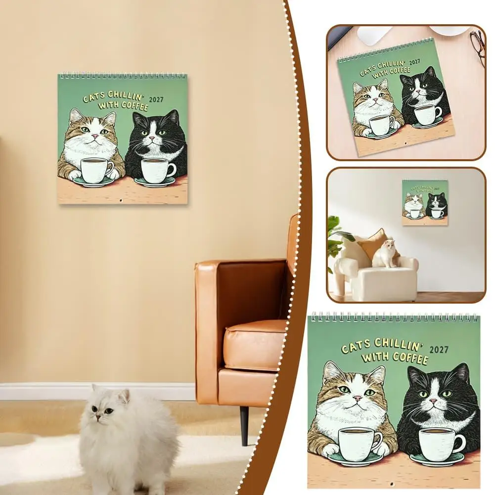 2027 Cats Chillin' With Coffee Wall Calendar 12‑Month Hanging Schedule Planner Cute Cat Art Pattern Family Organizer Home Office