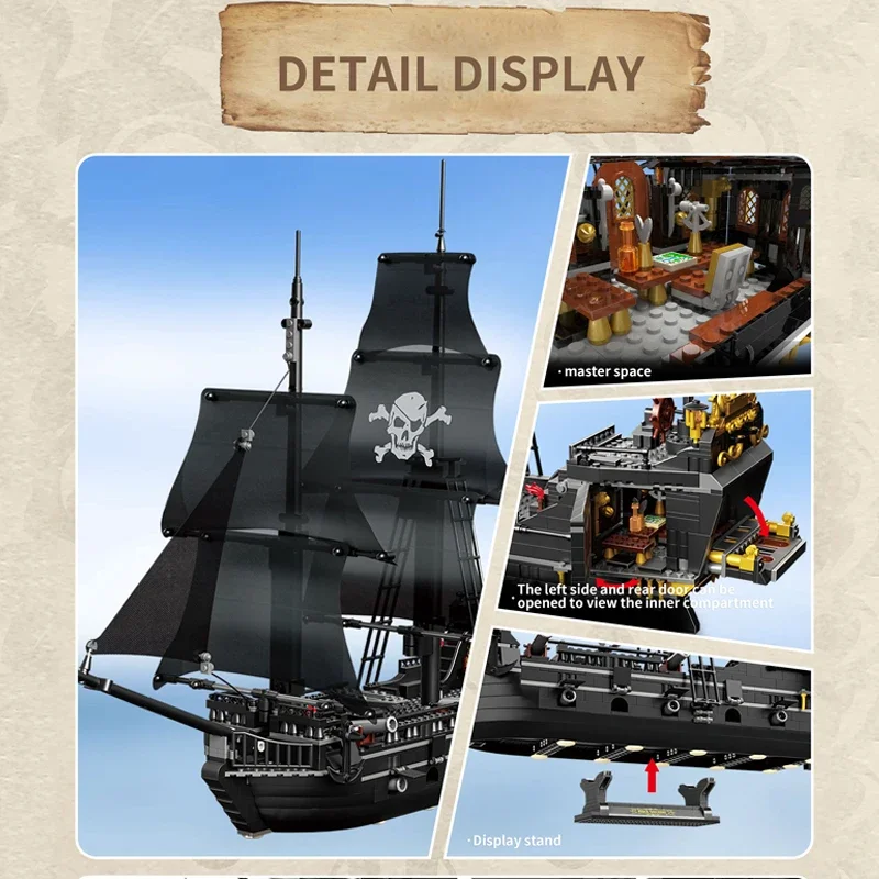 1424PCS Nero Nave Pirata Building Blocks Scheletro Fantasma Barca Modello di Montaggio Mattoni Giocattoli Decorazione del Desktop Per Bambini Regali di Festa
