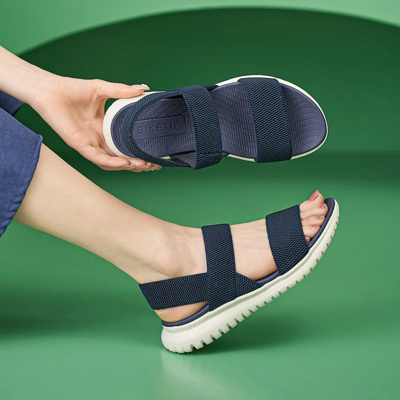 2025 Summer Fashion Knitted Elastic Fabric Sports Style Comfortable Anti slip 3CM Thick Bottom Wedge Women's Sandals H1109-A1