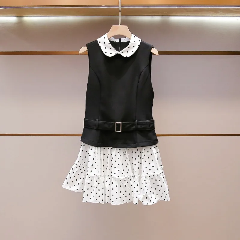 

High-end Women's Clothing Summer French Style Small Fragrant Style Splicing Polka Dot Doll Collar Vest Dress Temperament Women