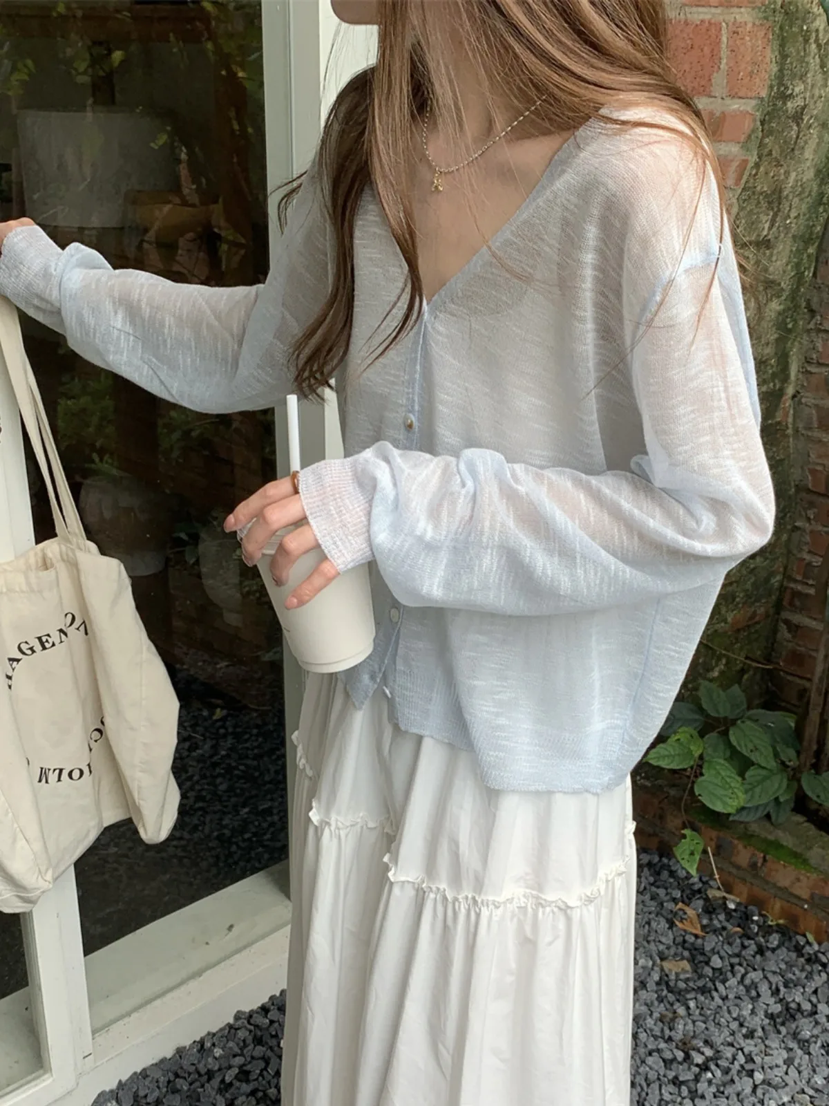 

Light Blue Ice Silk Knitted Sun Protection Cardigan Women's Summer Thin Sle with Sling Dr oulder Wrap Outer Cover Air ...