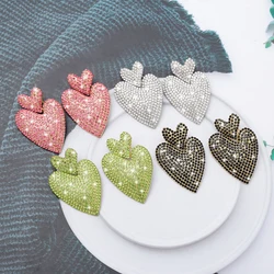 Metal Inlaid Rhinestone Large Dangle Drop Heart Earrings For Women Vintage Elegant Valentine Day Gift Ladies Stud Jewelry