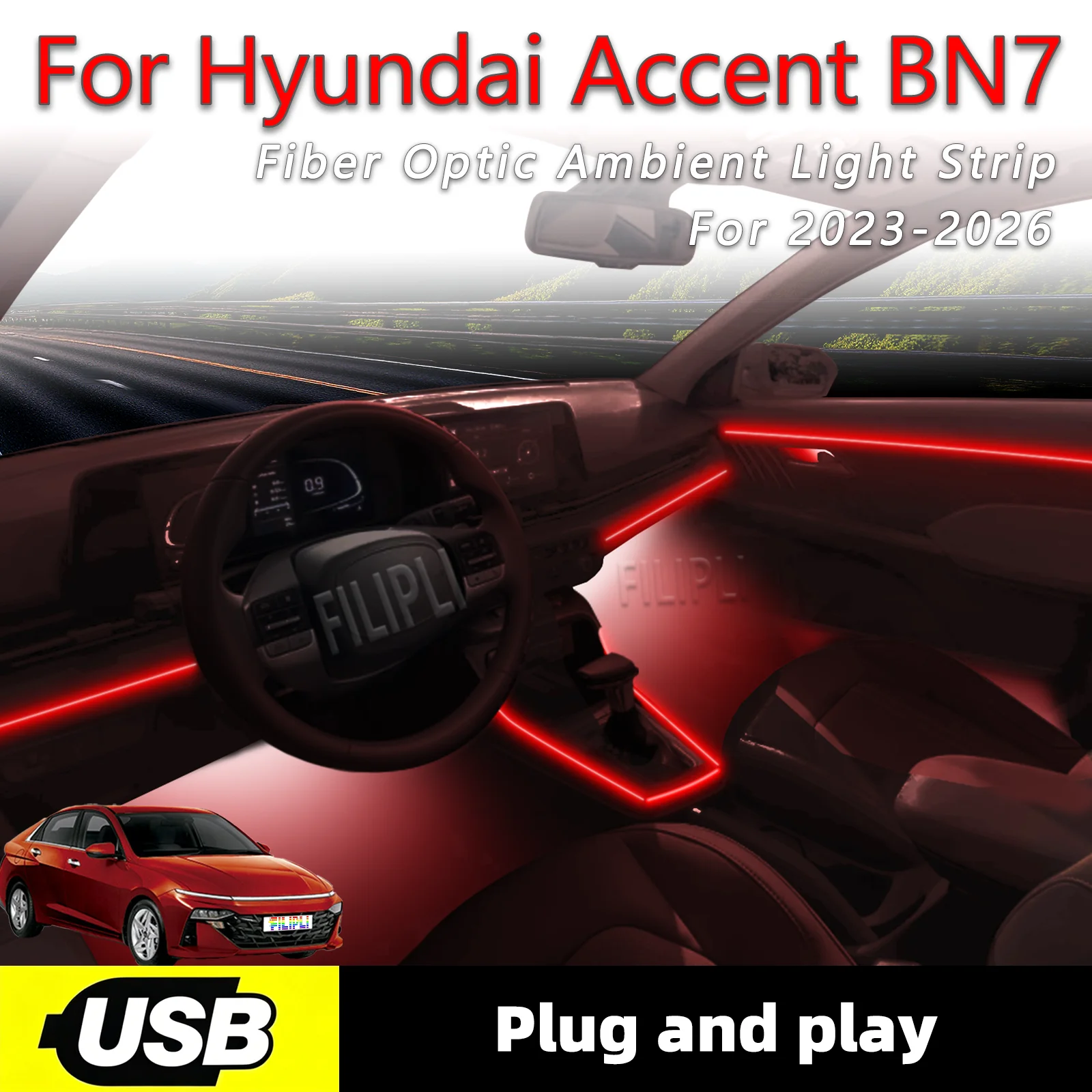 

Светодиодная лента для внутренней подсветки Hyundai Accent BN7 6-в-1, мягкая, с USB-интерфейсом, оптоволоконная, для создания атмосферы в салоне автомобиля.
