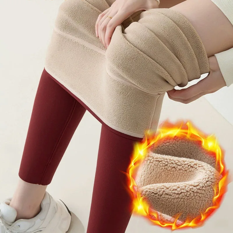 Leggings da donna in pile caldo autunno inverno velluto addensato leggings elastici attillati a vita alta streetwear moda pantaloni di pelle di squalo rosso