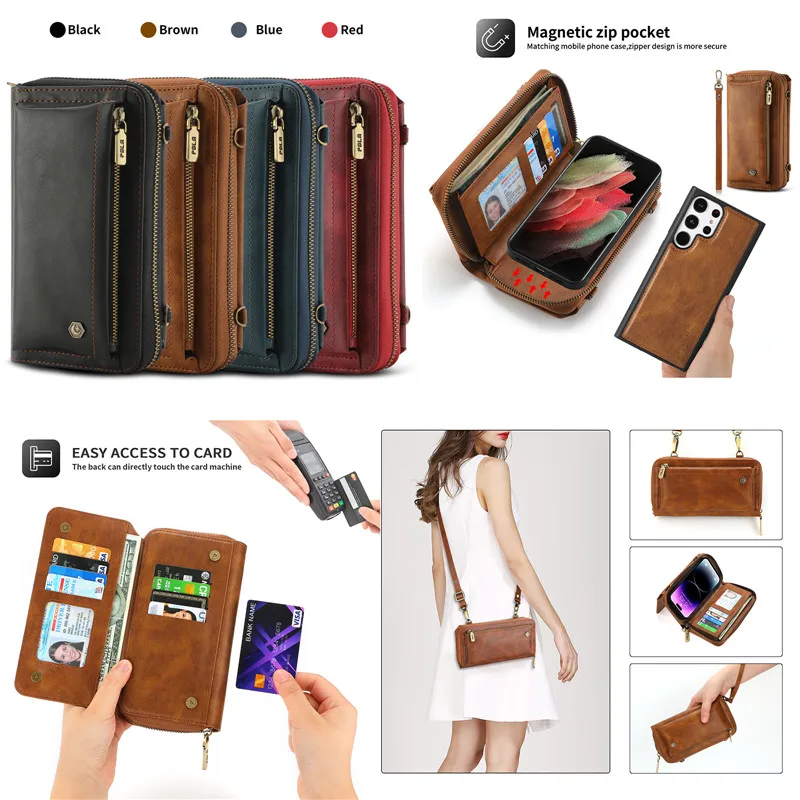 Multi-functional Zipper Wallet Phone Case For Samsung Galaxy S23 Ultra S22 Plus Note 20 Business Leather Magnetic Split Cover