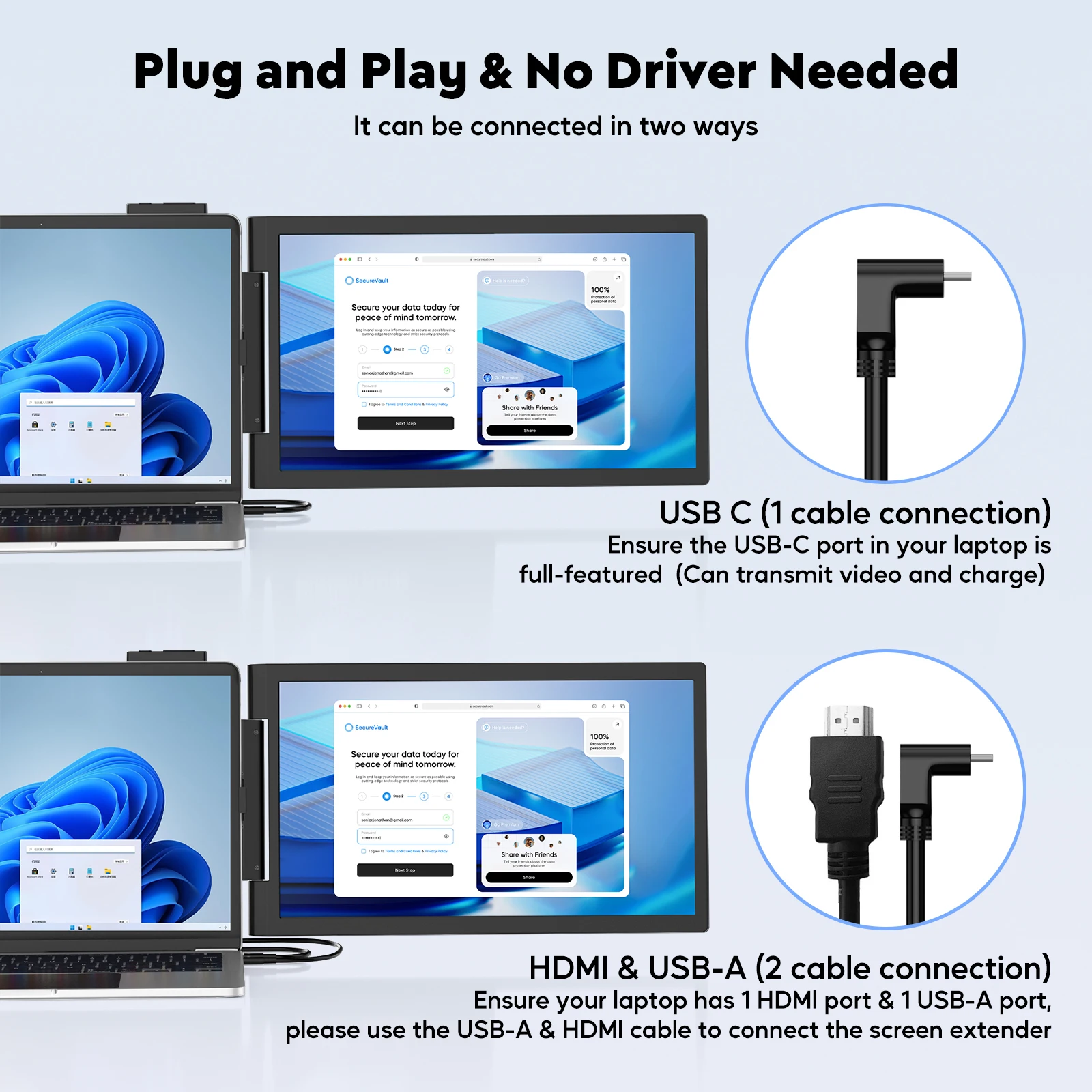 موسع شاشة الكمبيوتر المحمول Amoudo، موسع شاشة الكمبيوتر المحمول 14 بوصة FHD 1080P IPS، شاشة محمولة لأجهزة الكمبيوتر المحمولة 14 بوصة - 16 بوصة مع USB-C/HDMI